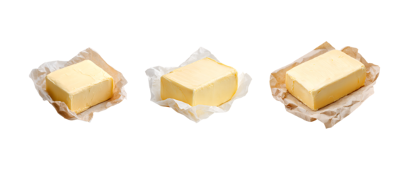 set of Fresh butter block wrapped in parchment paper isolated on a transparent background, in a PNG format