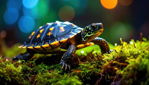 Closeup of a turtle on moss with bokeh background.