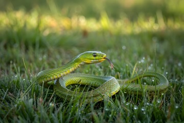 Fototapeta premium Green snake slithering through the grass on a sunny day in the garden