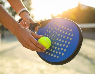 Woman padel player preparing to serve, holding ball and racket on court