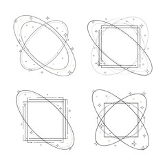 Collection of abstract square frames with orbiting rings and sparkles. Minimalist geometric line art borders for futuristic design.
