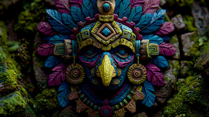 An Aztec warrior's head in the middle of Mayan ruins