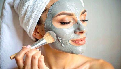 Beautiful woman applying clay mask with a brush