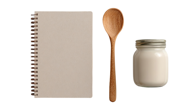 A spiral-bound cookbook, a wooden spoon, and a glass jar of creamy substance