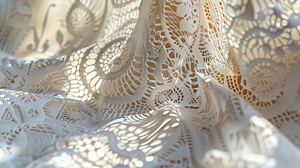 Close up of an intricate white lace fabric with shadows creating a delicate pattern on the surface
