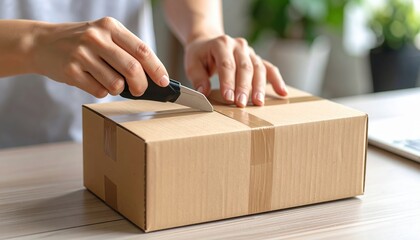 Woman opening cardboard box with utility knife at home