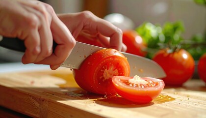 Chef slicing fresh tomatoes on wooden cutting board