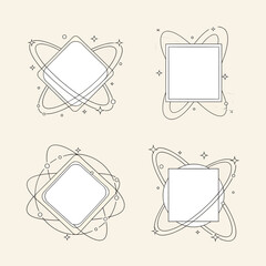 Set of four abstract retro-futuristic frames with atomic orbits and stars. Conceptual line art design for labels and badges.