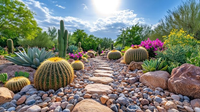 Sunny desert garden path lined with cacti and flowers