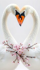 Obraz premium Romantic swans forming heart shape with cherry blossoms on soft neutral background