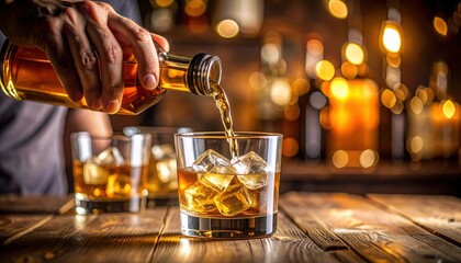 Bartender pouring whiskey into glass with ice in bar setting