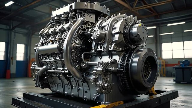 High-Quality Stock image of disassembled truck engine in repair service. Heavy machinery, diesel motor vehicle part close-up. Red truck blurred background. Maintenance, repair.