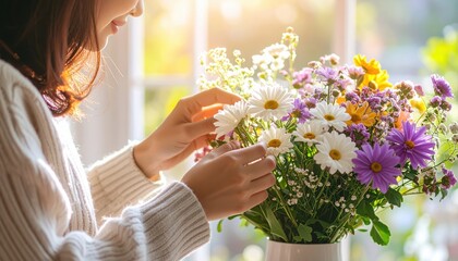 Florist arranging colorful daisy bouquet in sunlight