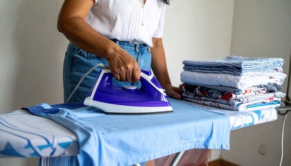 Housewife ironing clothes on ironing board at home