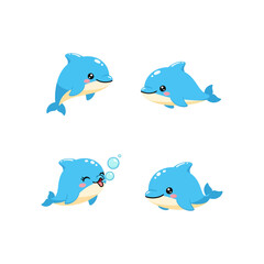 Playful Blue Dolphin Set Jumping Swimming and Smiling