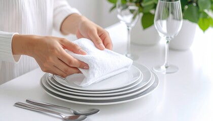 Waitress placing white cloth napkin on stack of plates for dinner service