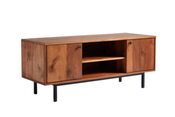 Wooden TV stand with two doors and shelves