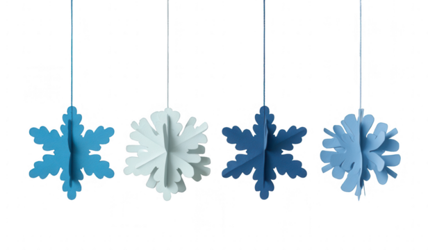 Four paper snowflakes, varying shades of blue and white, hang from strings