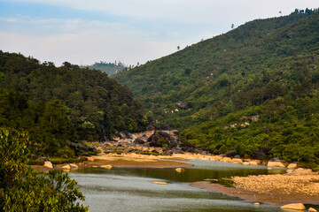 A river passing through hills in Wahniangleng of Meghalaya.