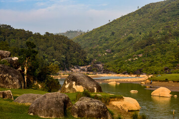 Beautiful landscape with rivers ,hills, and forest in Wahniangleng of Meghalaya.
