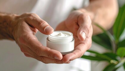 Man opening cosmetic cream jar for skincare routine