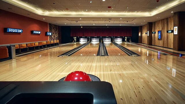 Red bowling ball sitting in middle of newly oiled lane