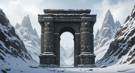 Fototapeta premium Epic Mountain Archway: Fantasy Landscape, Winter Scene, Stone Arch, Digital Art, Snowy Peaks, Architectural Design, Unreal Engine Render
