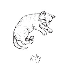 Cat (kitty) small cute stretching, side view, doodle black ink drawing, woodcut vector