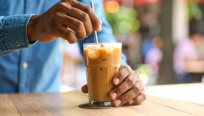 Businessman drinking iced coffee at outdoor cafe: refreshing break
