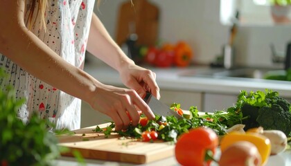 Woman chopping fresh vegetables on wooden cutting board in a sunny kitchen