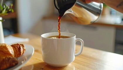 Person pouring steaming coffee into mug next to croissant at breakfast table