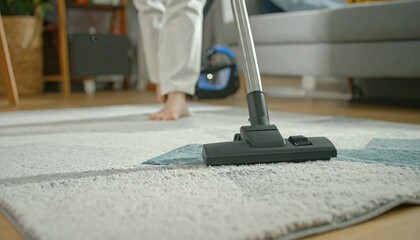 Housekeeper vacuuming carpet in modern living room