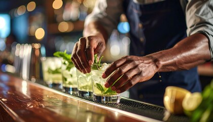 Bartender adding fresh mint to cocktail glass in bar