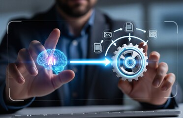 AI automation and API automation. Data transfer through system integration. Intelligent process automation technology solutions. Businessman using laptop computer for managing automation technology. 