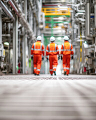 Workers in safety gear walk through an industrial facility, showcasing a vibrant and organized environment with equipment and infrastructure.