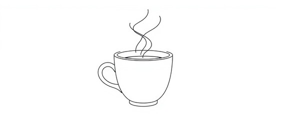 Single continuous line drawing of a steaming coffee cup on white background,  drawing,   drawing art