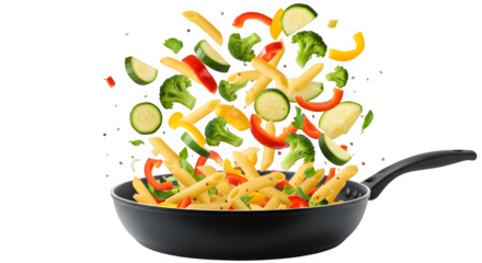 Dynamic scene of Italian pasta and fresh vegetables flying over a hot frying pan. Perfect for cooking, food, or restaurant themes. isolated on white or transparent background. PNG format.