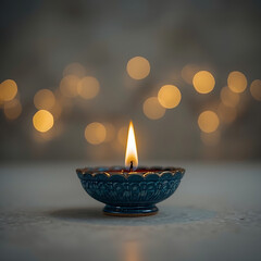 The text describes a single blue diya with a small flame and a bokeh.