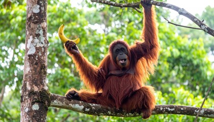 Naklejka premium Orangutan in rainforest treetop, holding a banana, playful expression.