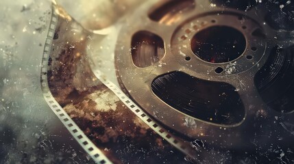 A close up of a film reel with a grainy and textured background creating a vintage aesthetic look and feel