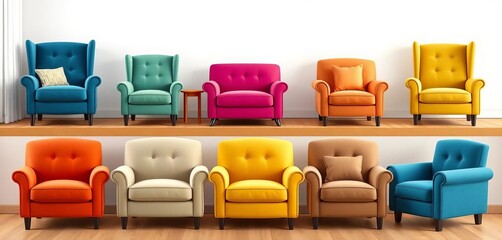Varied home chairs & armchairs, upholstered, comfortable seating options in vector format,  armchair,   fabric