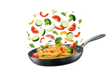 Dynamic scene of Italian pasta and fresh vegetables flying over a hot frying pan. Perfect for cooking, food, or restaurant themes. isolated on white or transparent background. PNG format.