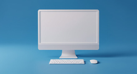 Minimalist white computer monitor keyboard and mouse on blue background