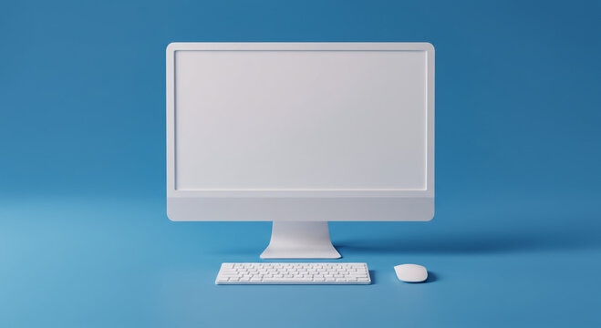 Minimalist white computer monitor keyboard and mouse on blue background