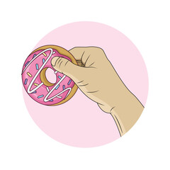 Hand holding donut. Vector illustration