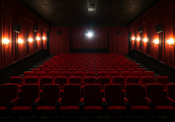 Empty red seats in a dark movie theater with warm lighting