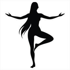 Silhouette of a graceful woman in a yoga tree pose Vrikshasana with arms outstretched symbolizing balance, serenity, and inner peace against a clean white background
