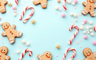 Naklejka premium Festive Christmas Gingerbread Men and Candy Canes on Blue Background: Flat Lay, Winter Holiday Treats, Sweet Treats