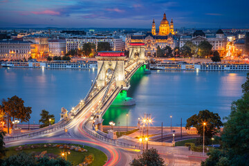 Budapest, Hungary. Cityscape image of Budapest, capital city of Hungary with Szechenyi Chain Bridge at sunset.