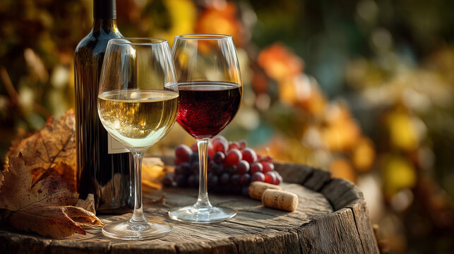 wine glasses in a vineyard with glasses and grapes shot in a realistic tone